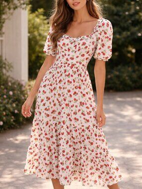 ASOS Maxi Dress White Strawberry Polka Dot Poplin Short Puff Sleeven size US 4